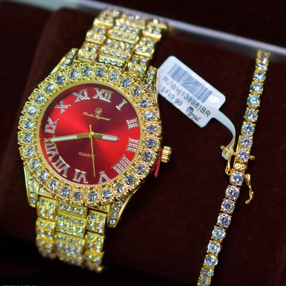 Full Iced Out Red Dial Watch, Tennis Bracelet Set - Picture 3 of 5